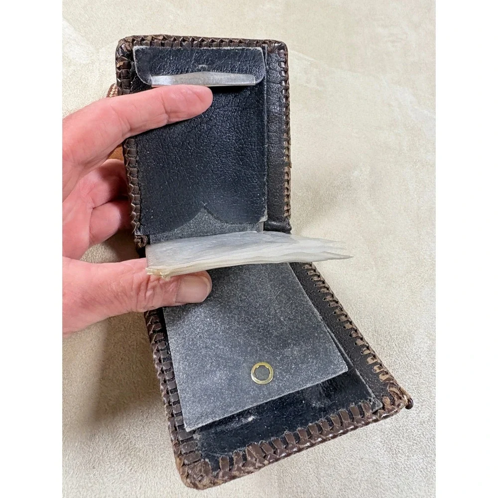 Vintage Hand Tooled Leather Wallet Set Mens Floral Western Bifold Whipstitch 2pc